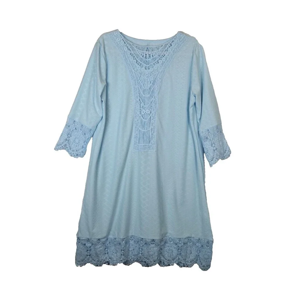 Swimsuit Cover Up Women Plus 1XL Blue Lace Crochet 3/4 Sleeves Resort Wear Beach